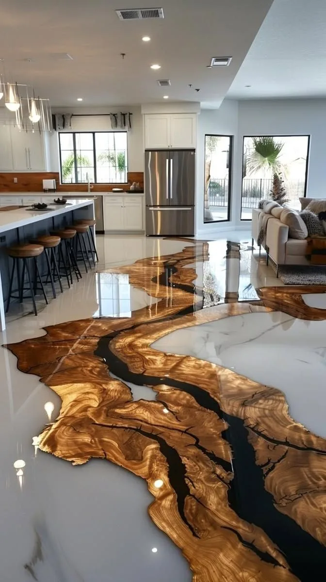 Pardoseală epoxidică decorativă cu efect river, imitând un fir de lemn natural pe fundal alb