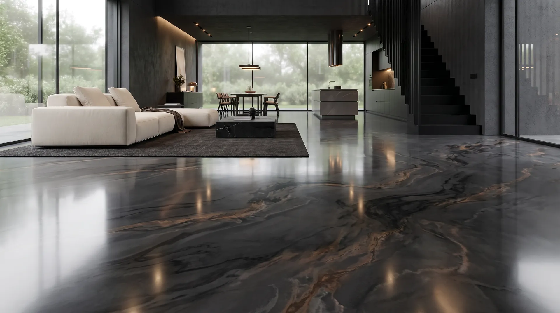 Pardoseală epoxidică decorativă într-un living modern